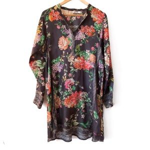 Johnny Was Floral Print Silk Long Sleeve Dress